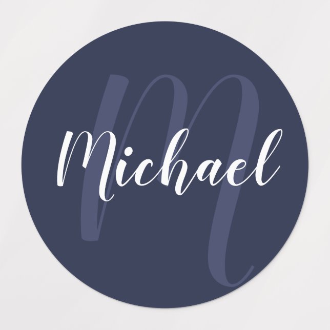 Étiquettes Monogramme et nom personnalisés de Navy Blue Scrip (Design 1)