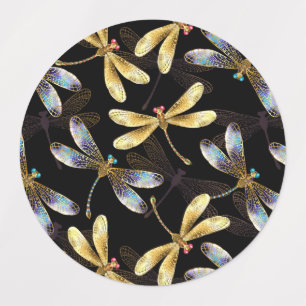 Étiquettes Motif sans couture avec libellules d'or