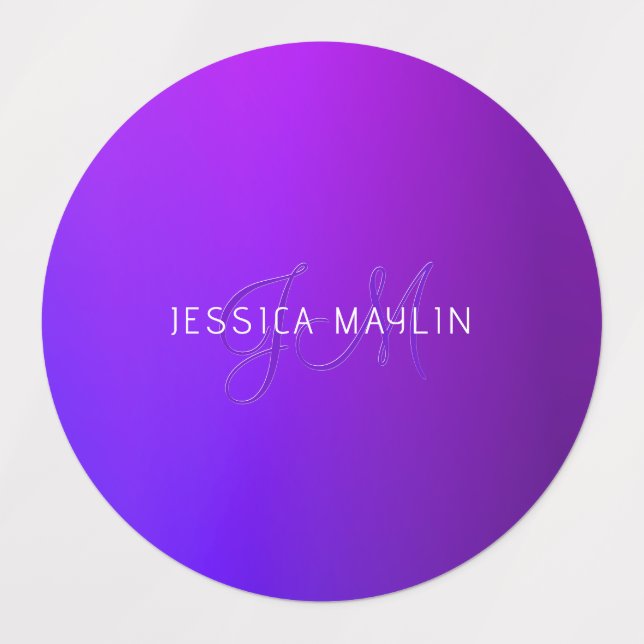 Étiquettes Nom et monogramme modernes de dégradé pourpre (Design 1)