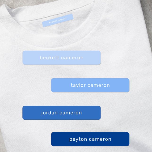 Étiquettes Nom étanche adhésif bleu (1.75" x .3125" clothing labels iron-on or adhesive, 2 sheets of 48 labels, USE 1 OR up to 4 NAMES)
