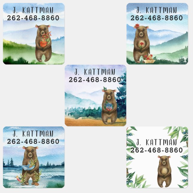 Étiquettes Ours aquarelle | Ajouter Votre Nom Enfants (Groupe)