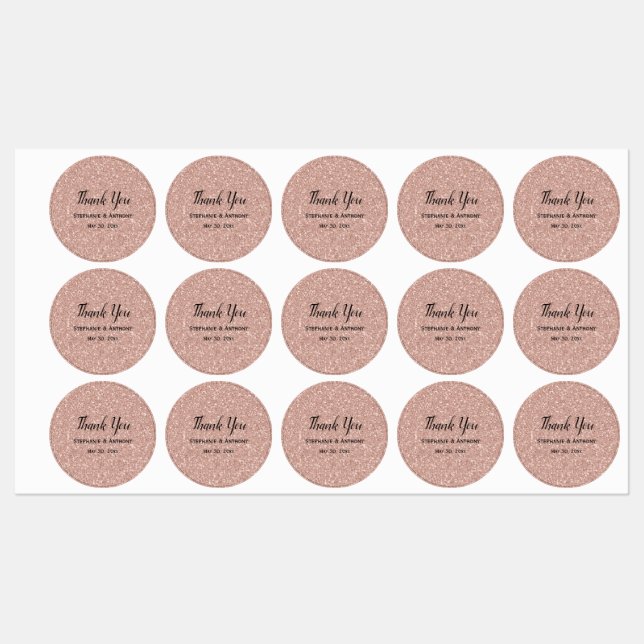Étiquettes Paillettes de Faux Or Rose Mariage Merci (Feuille)