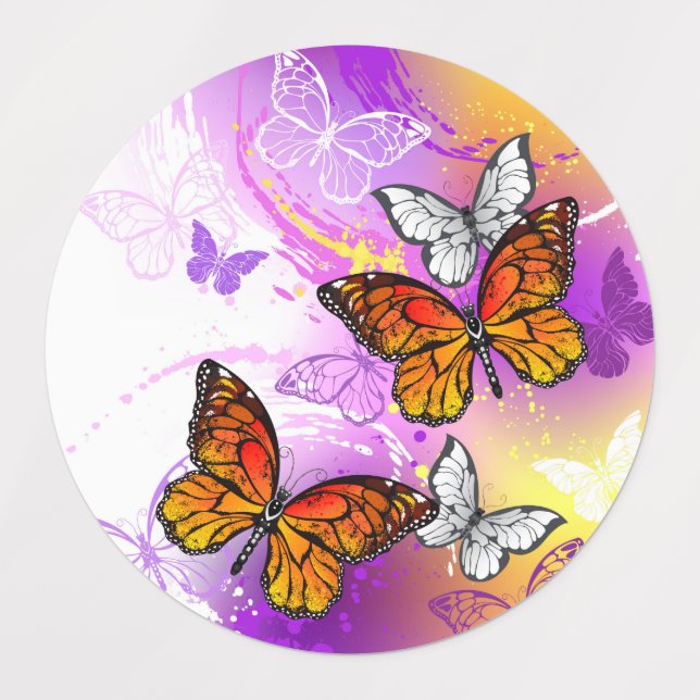 Étiquettes Papillons Monarque sur Arrière - plan pourpre (Design 1)