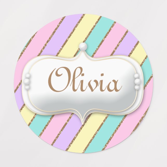 Étiquettes Pastel Rainbow Stripes Unicorn Anniversaire (Design 1)