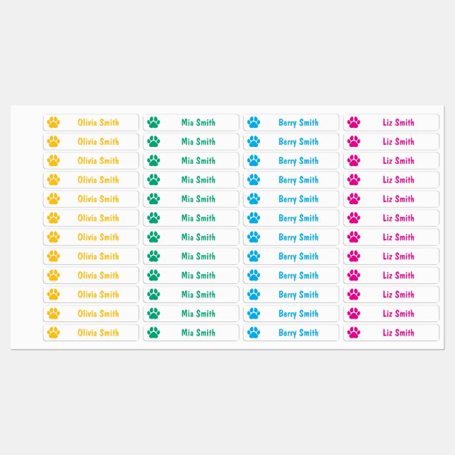 Étiquettes Paw Print Personalized Kids Name Labels (Feuille)