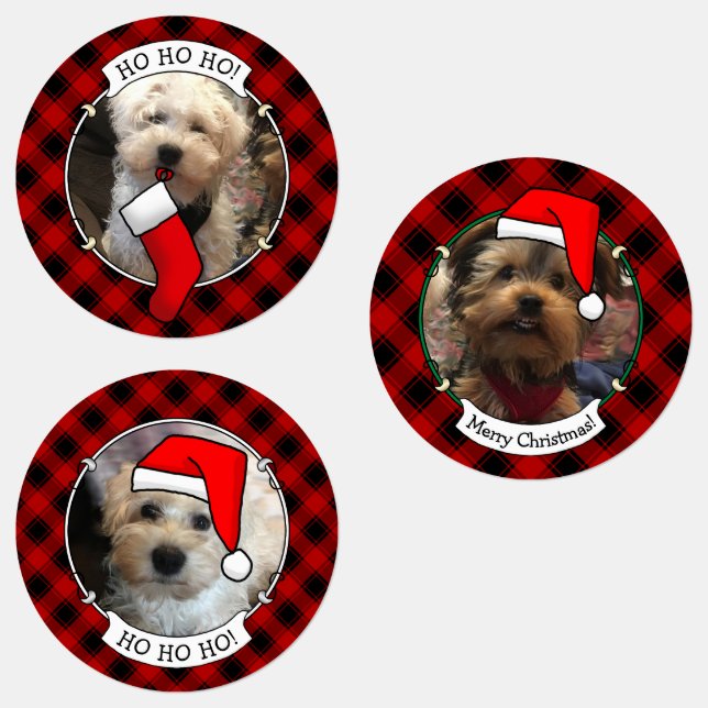 Étiquettes Personnalisé 3 cadre photo Modèle Noël Rouge Plaid (Groupe)