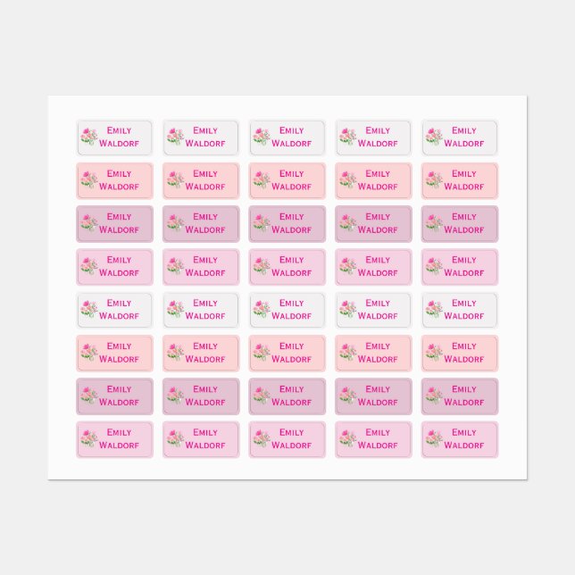 Étiquettes Pink Flowers Kids' Name Clothing School Labels (Feuille)