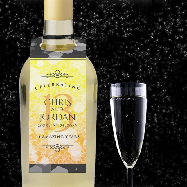 Étiquettes Pour Bouteilles 13ème anniversaire Mariage de la Citrine (13th wedding anniversary bottle hanger with champagne flute on a starry night sky.)