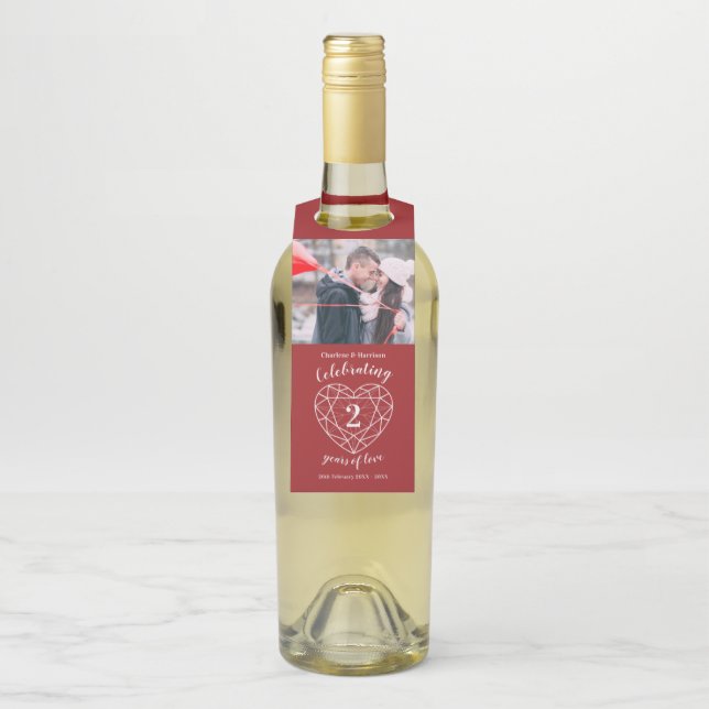 Étiquettes Pour Bouteilles 2e anniversaire mariage photo grenat rouge coeur (Sur bouteille)