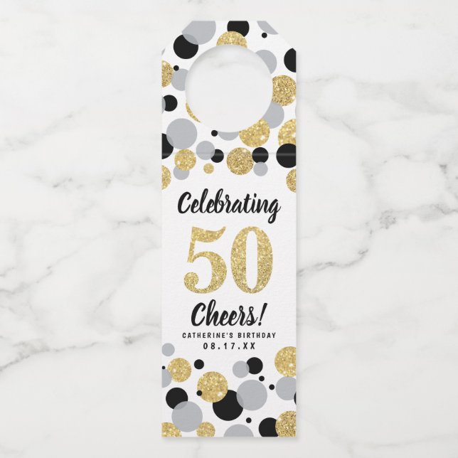 Étiquettes Pour Bouteilles 50e anniversaire Black Grey Gold Parties scintilla (Devant)