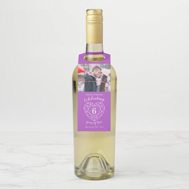 Étiquettes Pour Bouteilles 6e anniversaire photo coeur améthyste mauve (Sur bouteille)