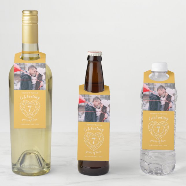 Étiquettes Pour Bouteilles 7e anniversaire du mariage photo saphir doré (En situation)