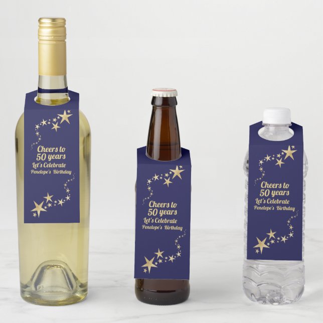 Étiquettes Pour Bouteilles À 50 ans, Bravo Marine et Étoiles Dorées  (En situation)