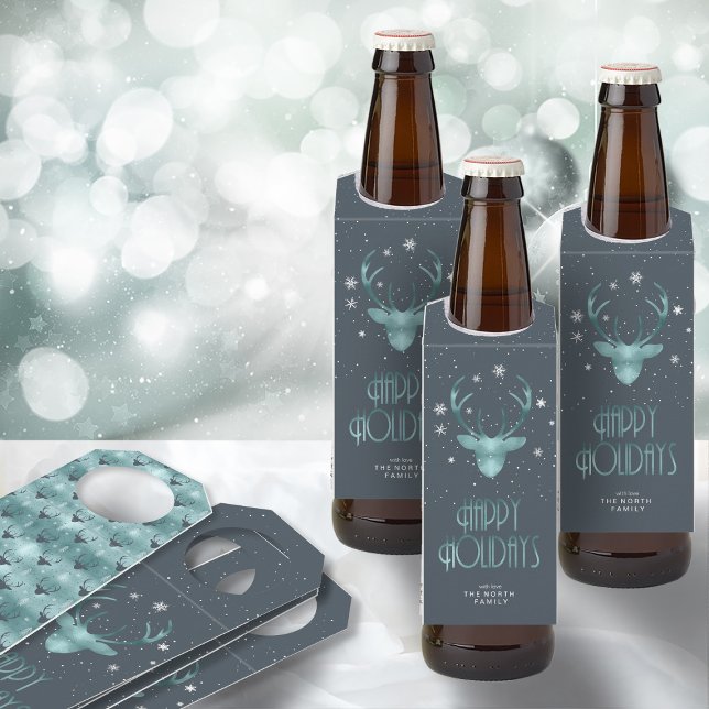 Étiquettes Pour Bouteilles Antlers de cerfs Silhouette et flocons de neige Tu (Front/Back In Situ)