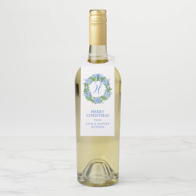 Étiquettes Pour Bouteilles Aquarelle Chinoiserie Wreath Monogramme Noël (Sur bouteille)