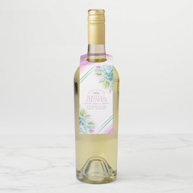 Étiquettes Pour Bouteilles Aquarelle succulente art vert rose mariage personn (Sur bouteille)