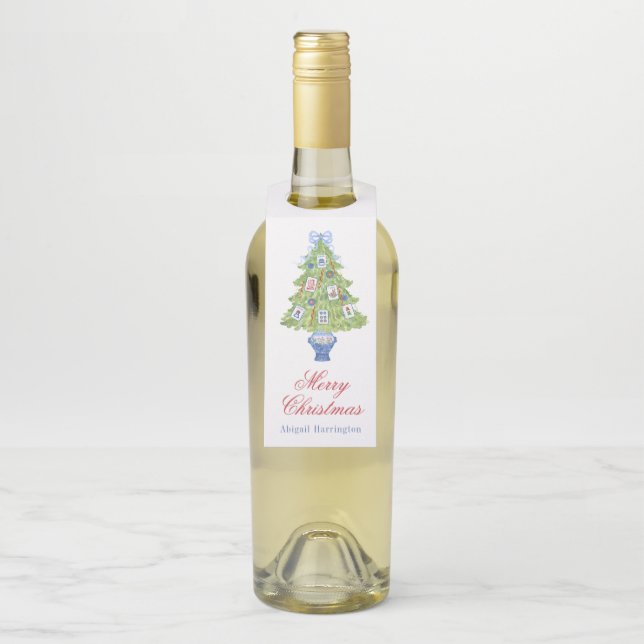 Étiquettes Pour Bouteilles Arbre de Noël Mahjong aquarelle (Sur bouteille)