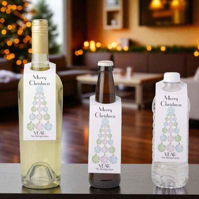 Étiquettes Pour Bouteilles Arbre de Noël Moderne d'Ornements Pastel (Christmas personalized bottle tags)