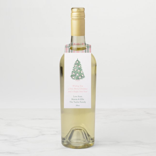 Étiquettes Pour Bouteilles Arbre de Noël Rose Élégant Vert Joyeux Noël (Sur bouteille)