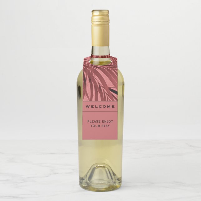 Étiquettes Pour Bouteilles Bienvenue | Feuilles de palmier rose | Location de (Sur bouteille)