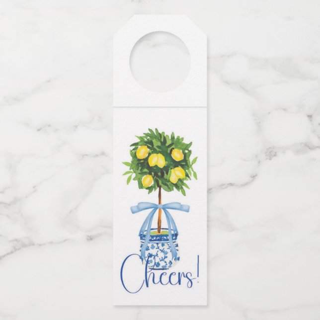 Étiquettes Pour Bouteilles Bow bleu Chinoiserie Lemon Topiaré (Devant)