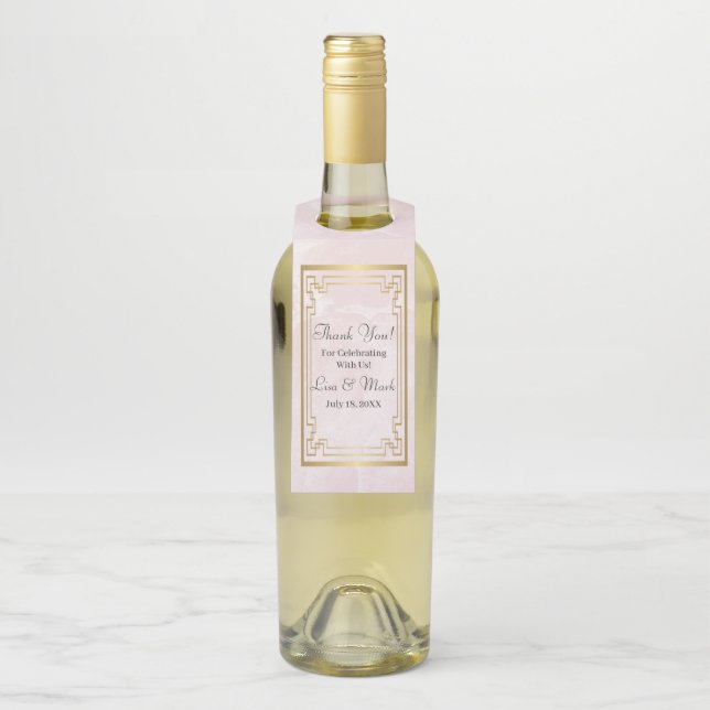 Étiquettes Pour Bouteilles Cadre géométrique doré Mariage marbre rose (Sur bouteille)
