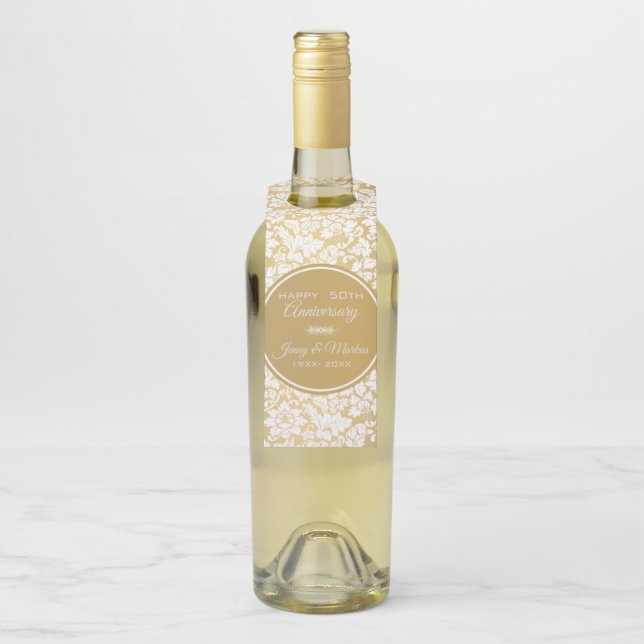 Étiquettes Pour Bouteilles Cercle d'or Damas blanc (Sur bouteille)