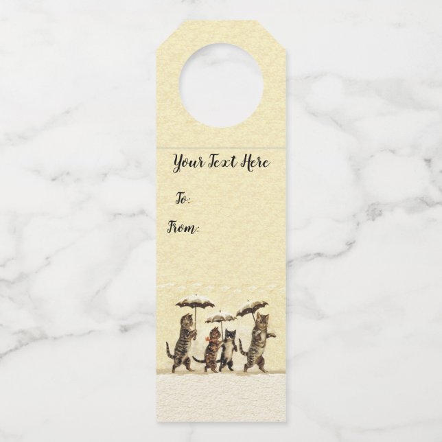 Étiquettes Pour Bouteilles Chats avec chatons marchant debout dans un paraplu (Devant)