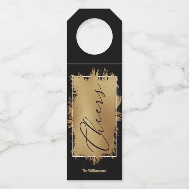 Étiquettes Pour Bouteilles CHEERS Texte Gold Fhuile sur noir (Devant)