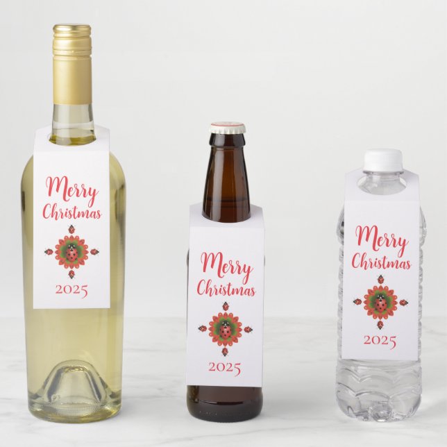 Étiquettes Pour Bouteilles Christmas Red Ladybug (En situation)