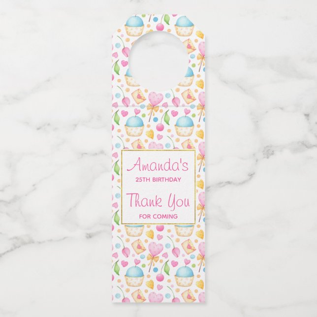 Étiquettes Pour Bouteilles Coeurs et cupcakes Motif d'aquarelle (Devant)