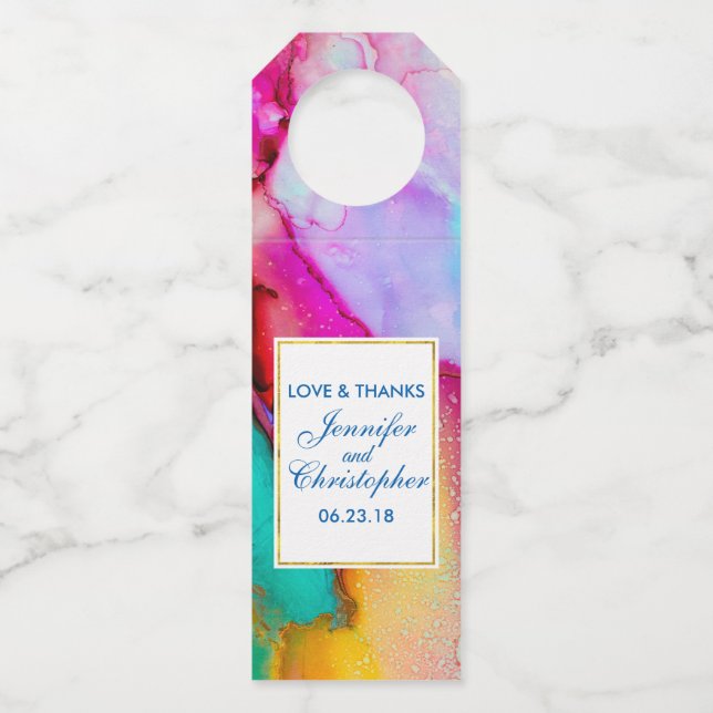 Étiquettes Pour Bouteilles Conception de mariage à l'aquarelle en marbre abst (Devant)