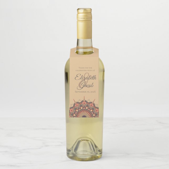 Étiquettes Pour Bouteilles Contemporain Brown Peach Mandala Mariage (Sur bouteille)