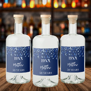 Étiquettes Pour Bouteilles De Liqueur Anniversaire de la fête marine bleu confetti nom a