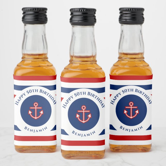 Étiquettes Pour Bouteilles De Liqueur Anniversaire Marine Nautique Bleu Rouge (Bouteilles)