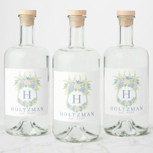 Étiquettes Pour Bouteilles De Liqueur Aquarelle Bleu et Blanc Hydrangea Crest