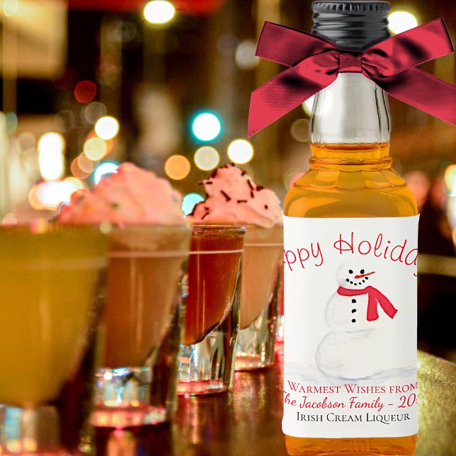 Étiquettes Pour Bouteilles De Liqueur Aquarelle Festive Snowman Joyeux Vacances Mini (In Situ with Bow)