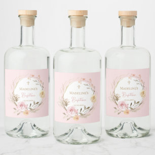 Étiquettes Pour Bouteilles De Liqueur aquarelle fleurs rose beige Baptême
