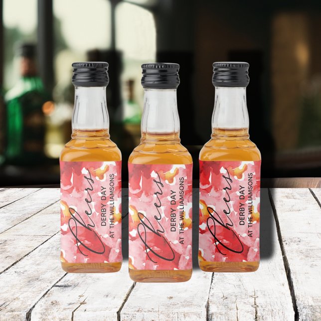 Étiquettes Pour Bouteilles De Liqueur Aquarelle Florale Derby Jour Mini (Watercolor red roses floral Derby Day personalized mini liquor bottle labels)