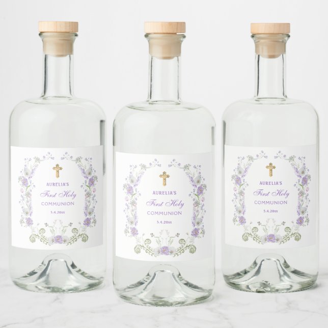 Étiquettes Pour Bouteilles De Liqueur Aquarelle Lilac Fleurs Arc Première communion (Bouteilles)