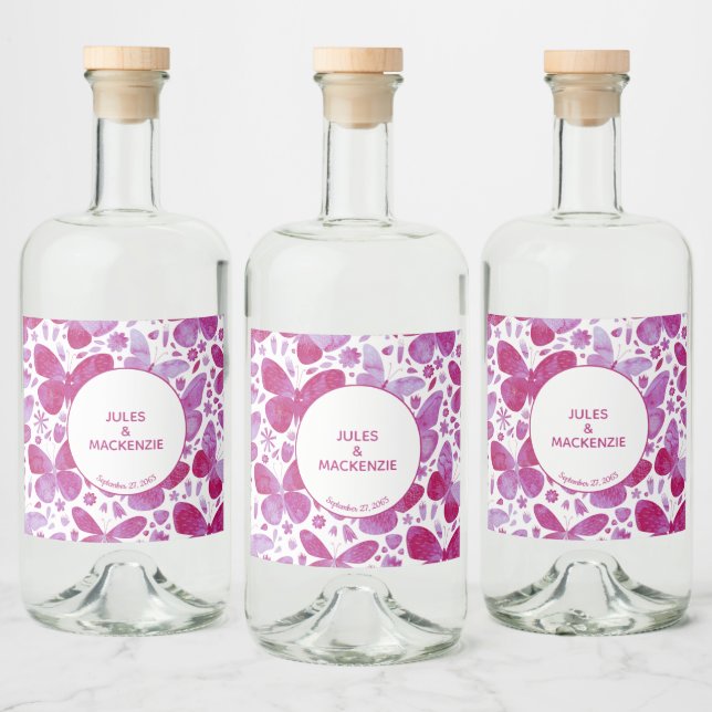 Étiquettes Pour Bouteilles De Liqueur Aquarelle papillon rose (Bouteilles)