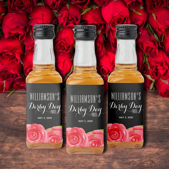 Étiquettes Pour Bouteilles De Liqueur Aquarelle Rouge Roses Derby Party Mini (Watercolor Red Roses Derby Party Personalized Mini Liquor Bottle Labels)