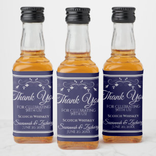Étiquettes Pour Bouteilles De Liqueur Argent sur le Mariage bleu marine Merci Mini
