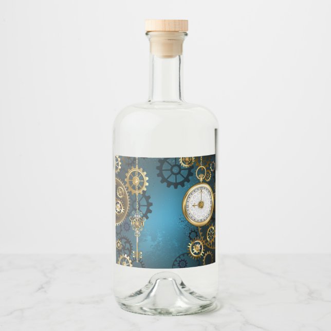 Étiquettes Pour Bouteilles De Liqueur Arrière - plan turquoise à vapeur avec engrenages (Devant)
