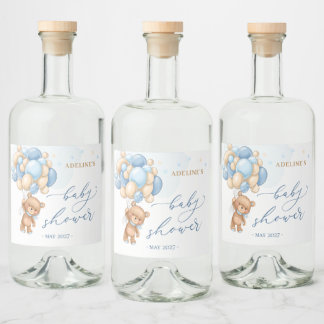 Étiquettes Pour Bouteilles De Liqueur Baby shower Ballons Bleus Ours Teddy