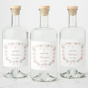 Étiquettes Pour Bouteilles De Liqueur Baptême du cadre floral rose