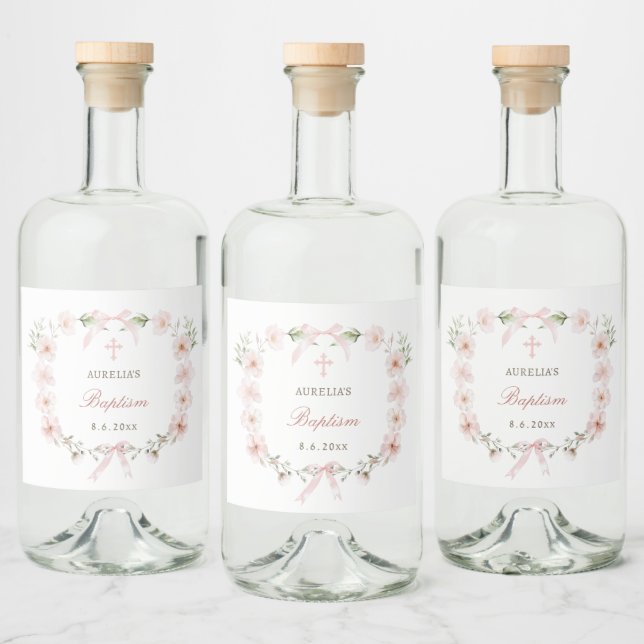 Étiquettes Pour Bouteilles De Liqueur Baptême du cadre floral rose (Bouteilles)