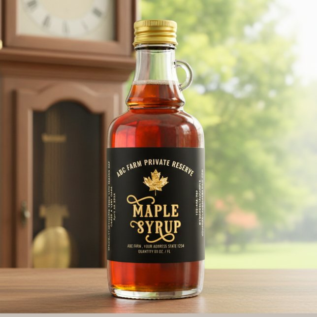 Étiquettes Pour Bouteilles De Liqueur Black & Gold Leaf Réserve privée Sirop d'érable (Créateur téléchargé)