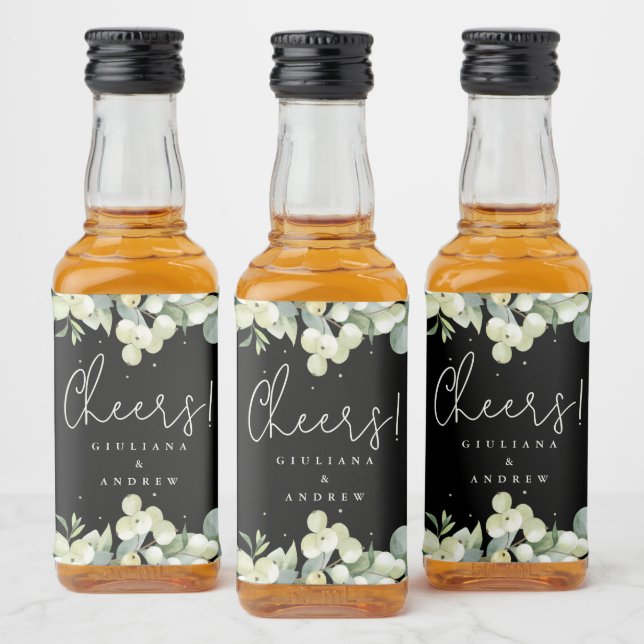 Étiquettes Pour Bouteilles De Liqueur Black Snowberry+Eucalyptus Mariage d'hiver Mini (Bouteilles)