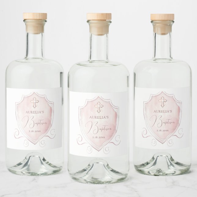 Étiquettes Pour Bouteilles De Liqueur Blason élégant aquarelle rose Baptême (Bouteilles)